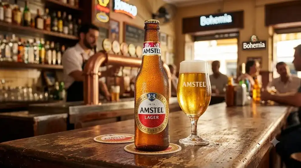 Garrafa e taça de Amstel Lager geladas sobre balcão de bar