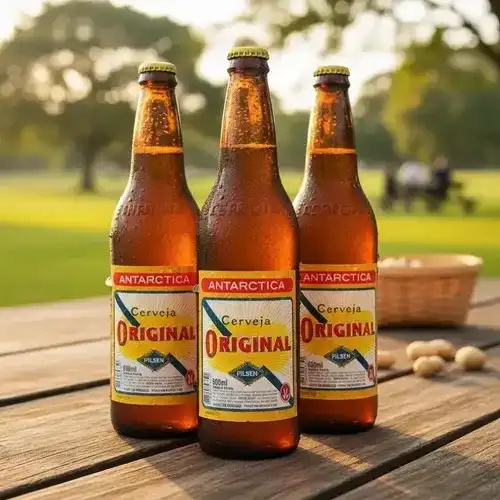 Três garrafas de 600 ml de Antarctica Original geladas sobre mesa de madeira ao ar livre
