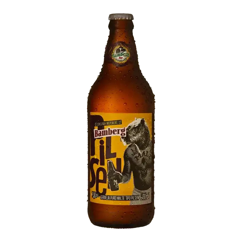 Garrafa Bamberg Pilsen 600 ml com condensação e rótulo amarelo