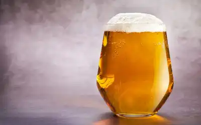Copo tulipa com cerveja dourada clara, efervescente e espuma branca densa