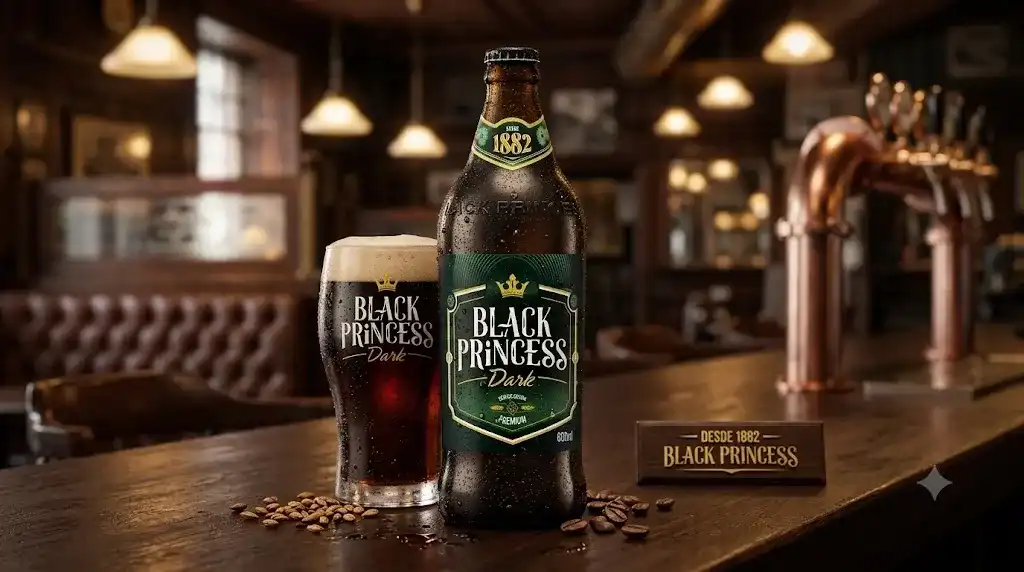 Garrafa e copo de Black Princess Dark gelados sobre balcão de bar