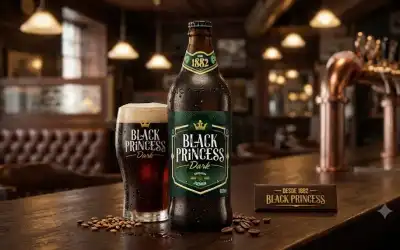Garrafa e copo de Black Princess Dark gelados sobre balcão de bar
