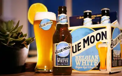 Copo de cerveja Blue Moon turva e dourada com fatia de laranja