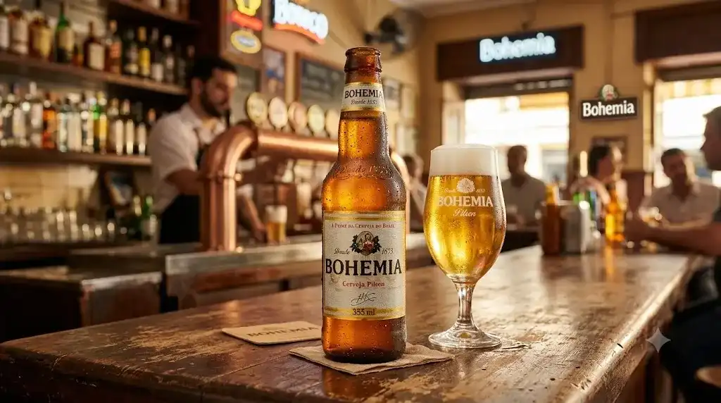 Garrafa e copo de Bohemia Pilsen gelados sobre balcão de bar