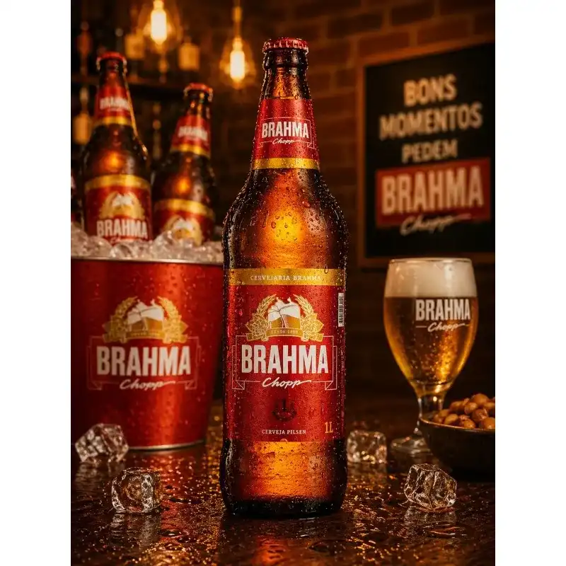 Garrafa de 1 litro de Brahma Chopp gelada com balde de gelo, copo e amendoim em bar