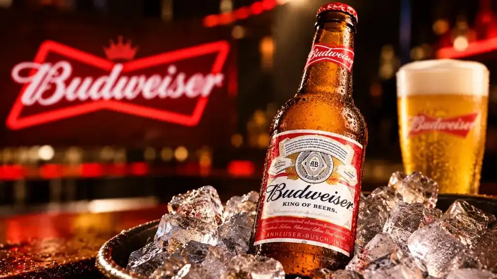 Garrafa de Budweiser gelada sobre gelo, com copo da marca e letreiro vermelho ao fundo