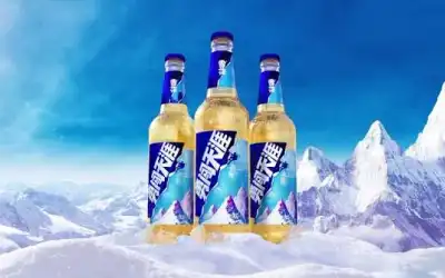 Três garrafas de Snow Beer Brave the World na neve, com montanhas ao fundo