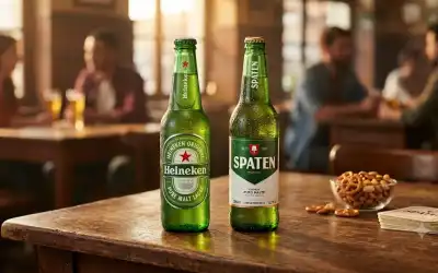 Garrafas de Heineken e Spaten lado a lado sobre mesa de madeira em bar