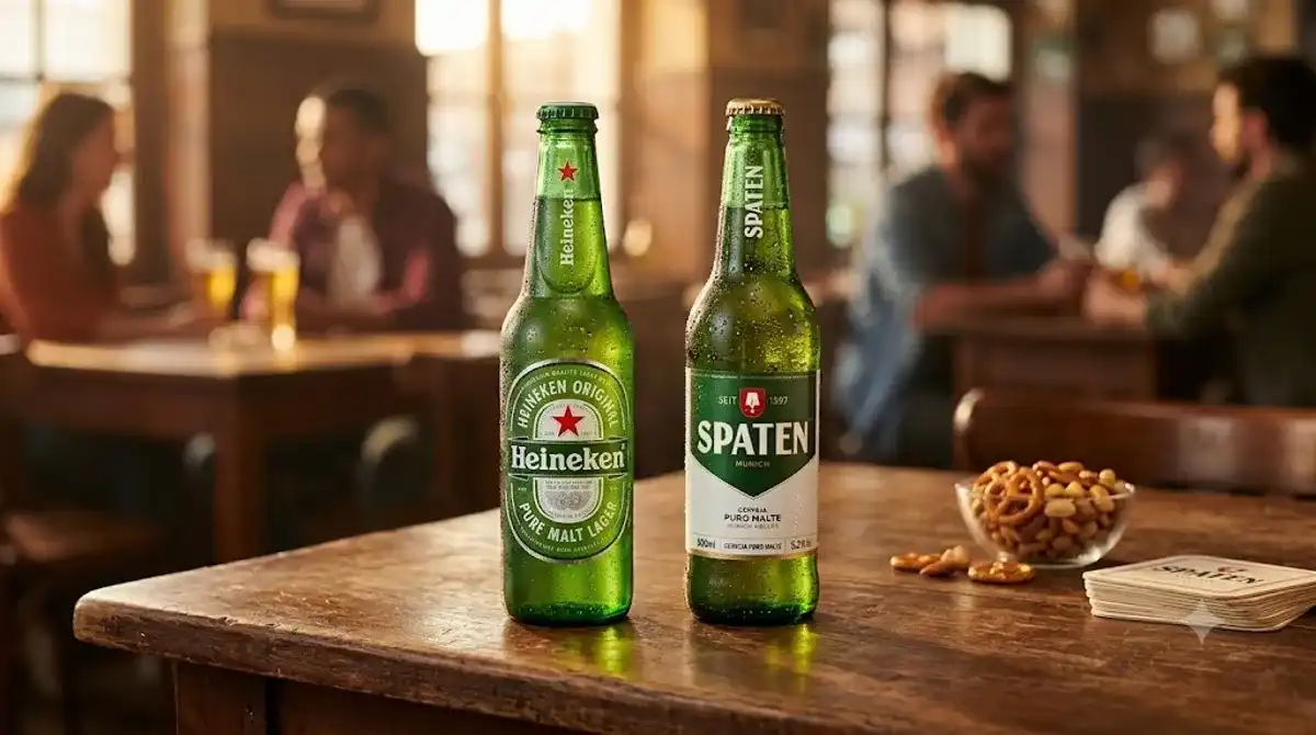 Garrafas de Heineken e Spaten lado a lado sobre mesa de madeira em bar