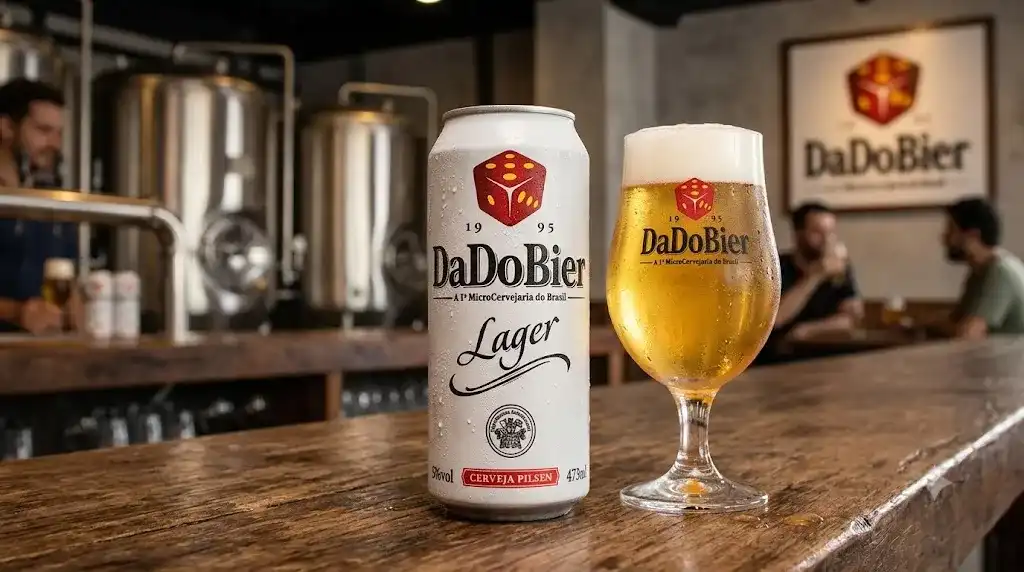 Lata e taça de DaDo Bier Lager geladas em brewpub com tanques ao fundo