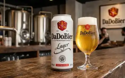 Lata e taça de DaDo Bier Lager geladas em brewpub com tanques ao fundo