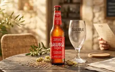 Garrafa e taça de Daura Damm geladas sobre mesa com malte e lúpulo