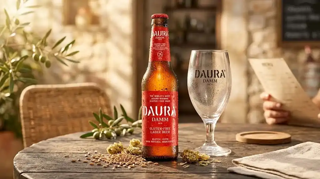 Garrafa e taça de Daura Damm geladas sobre mesa com malte e lúpulo