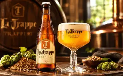 Garrafa e cálice de cerveja dourada sobre madeira, com lúpulo, malte e barril ao fundo