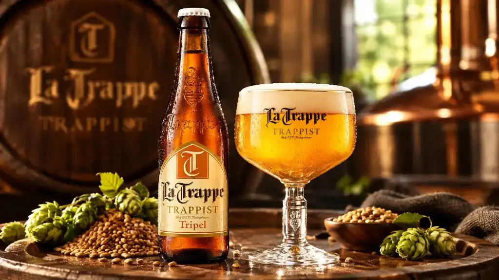 Garrafa e cálice de cerveja dourada sobre madeira, com lúpulo, malte e barril ao fundo