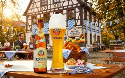 Garrafa e copo de Erdinger Weissbier em biergarten bávaro no outono