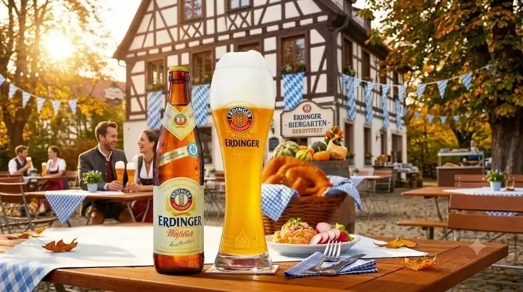 Garrafa e copo de Erdinger Weissbier em biergarten bávaro no outono
