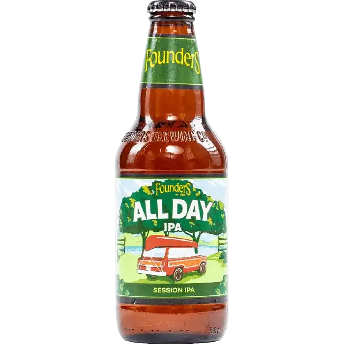 Garrafa Founders All Day IPA com rótulo do carro e canoa