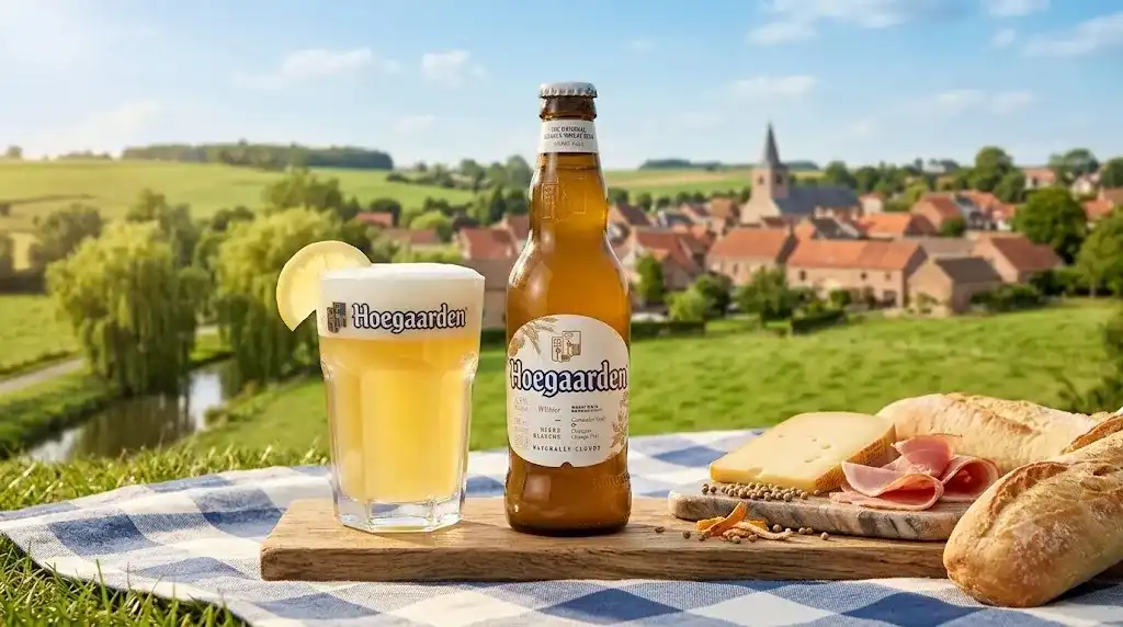Garrafa e copo de Hoegaarden Witbier com limão, queijo e pão ao ar livre