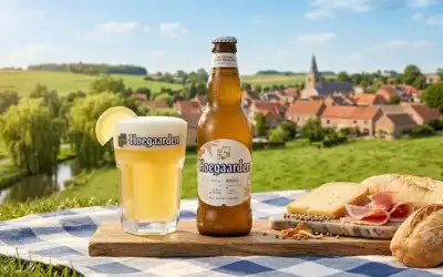 Garrafa e copo de Hoegaarden Witbier com limão, queijo e pão ao ar livre