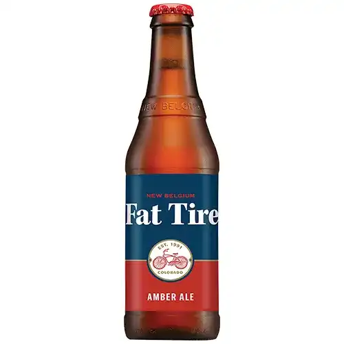Garrafa New Belgium Fat Tire com rótulo azul, vermelho e bicicleta