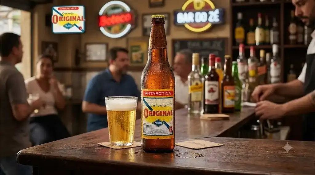 Garrafa e copo de Original Pilsen gelados sobre balcão de boteco