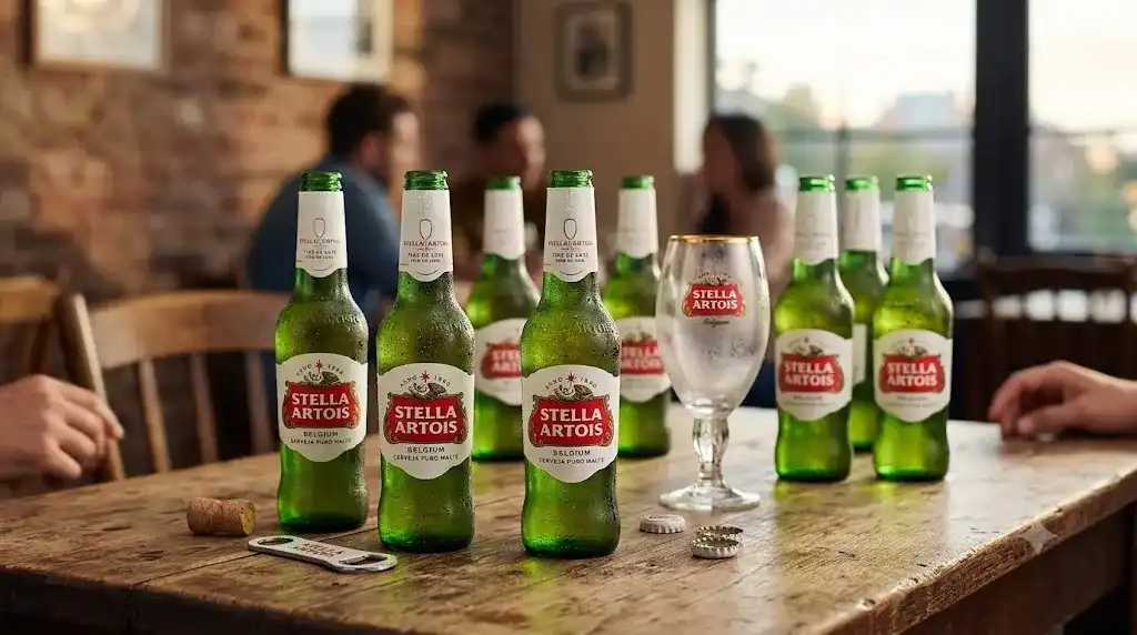 Garrafas e cálice de Stella Artois gelados sobre mesa de madeira em bar