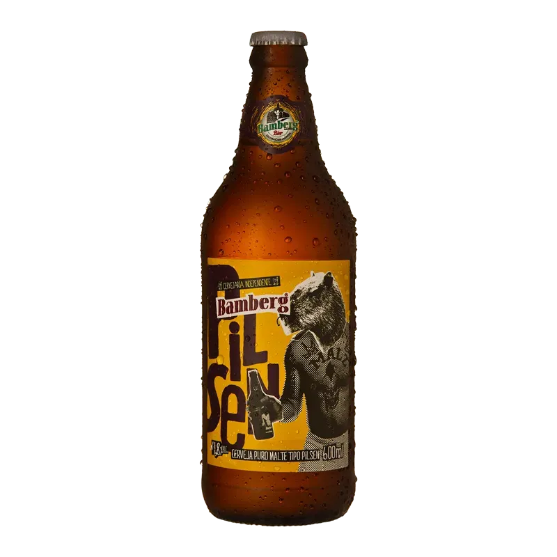 Garrafa Bamberg Pilsen 600 ml com condensação e rótulo amarelo
