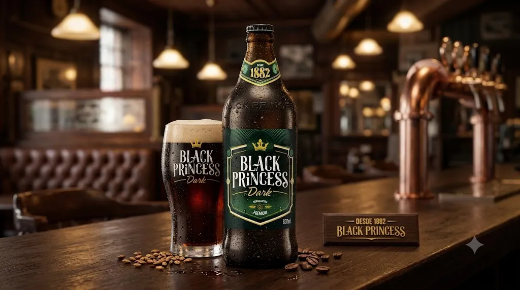 Garrafa e copo de Black Princess Dark gelados sobre balcão de bar