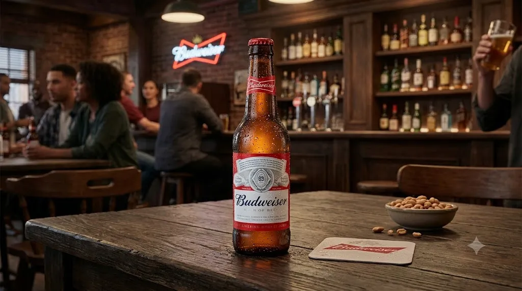 Garrafa gelada de Budweiser Lager sobre mesa de madeira em bar, com amendoim