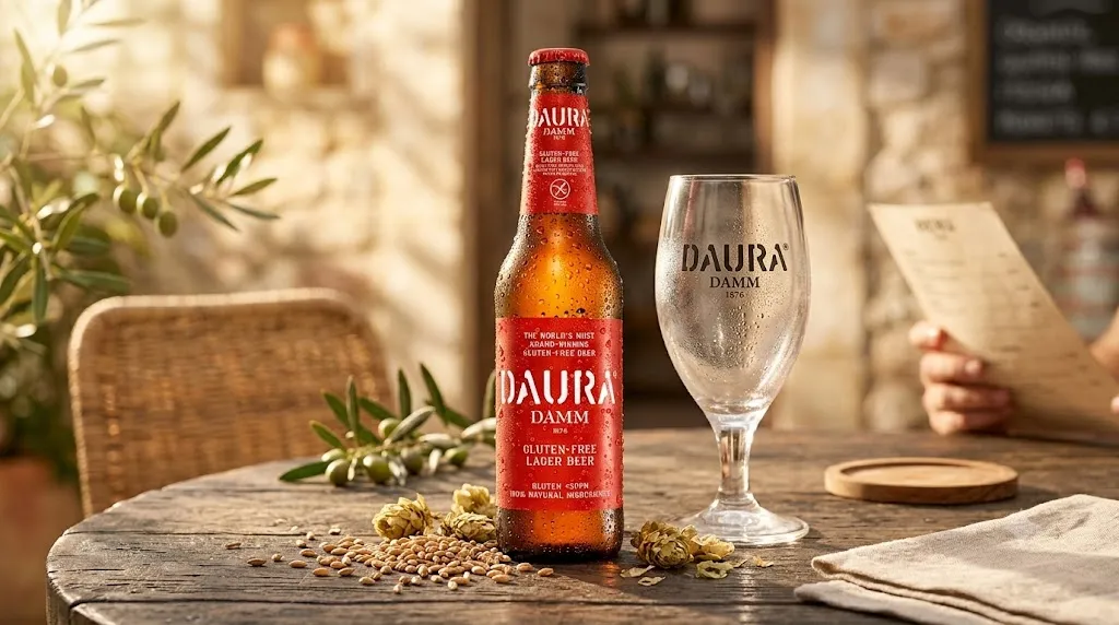 Garrafa e taça de Daura Damm geladas sobre mesa com malte e lúpulo