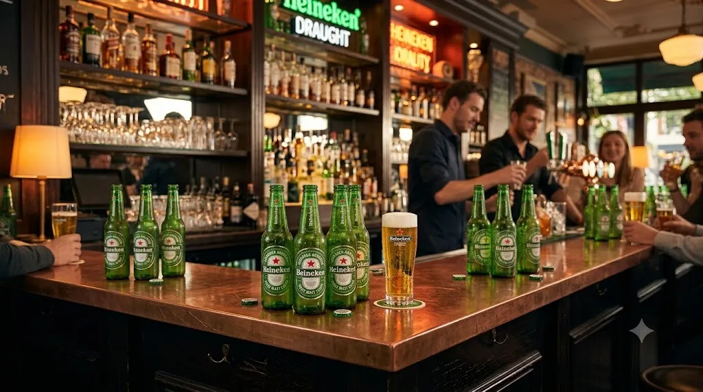 Garrafa verde de cerveja Heineken com estrela vermelha sobre fundo neutro